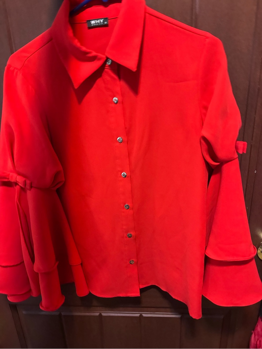 Red Ruffle-Sleeve Button-Front Women's Top